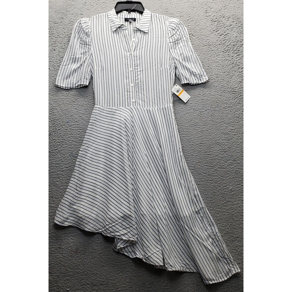 1.STATE Shirt Dress Womens S Multi Striped Puff Sleeve Asymmetrical Hem Side Zip